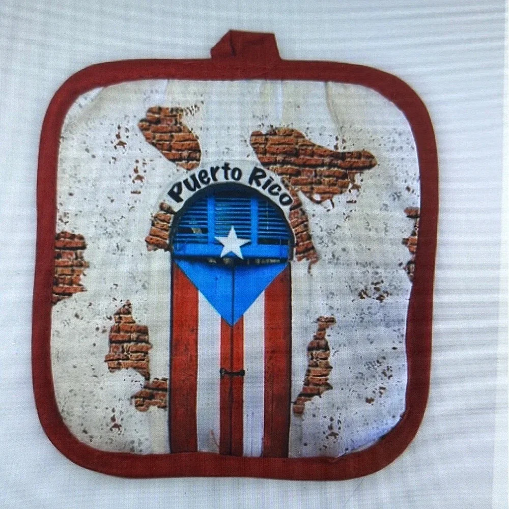 Puerto Rico Kitchen Pot Holder and Mitts 2 Piece Set Red White Blue Cotton